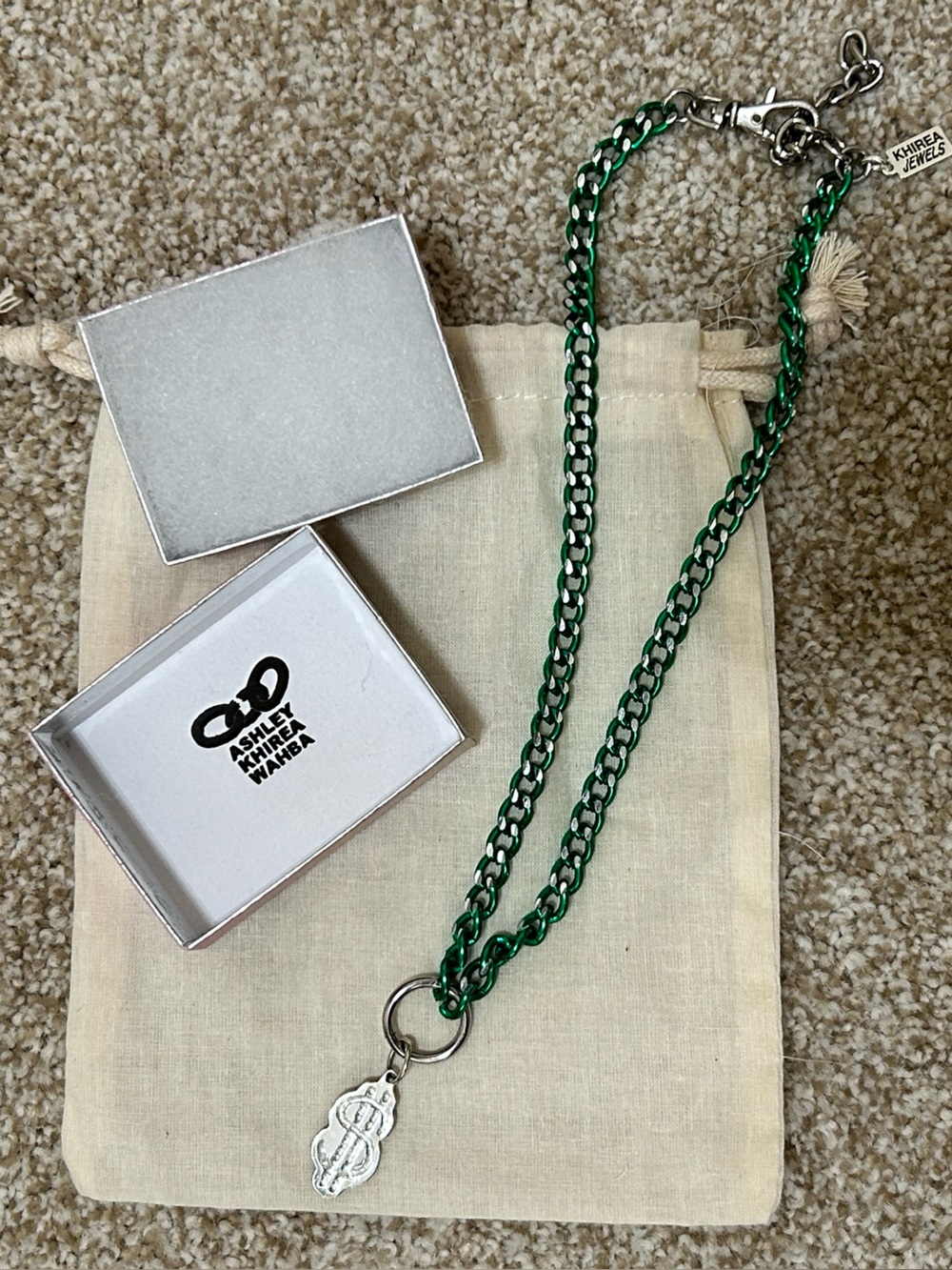 Khirea Jewels Handmade Recycled Silver Dollar Sign Pendant on Green chain Y2K